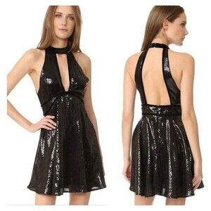 Free People Size 4 Mini Dress‎ Black "Film Noir" Sleeveless Sequins Plunge